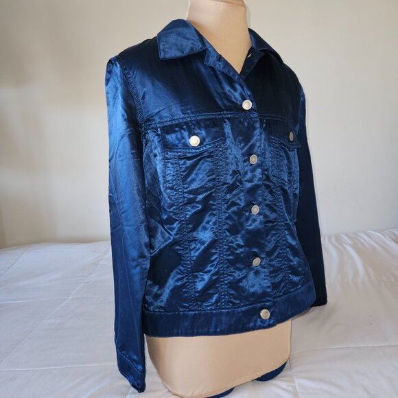 CHICOS Long Sleeve Jacket Midnight Blue Sheen Size 1 (M) - Picture 2 of 7